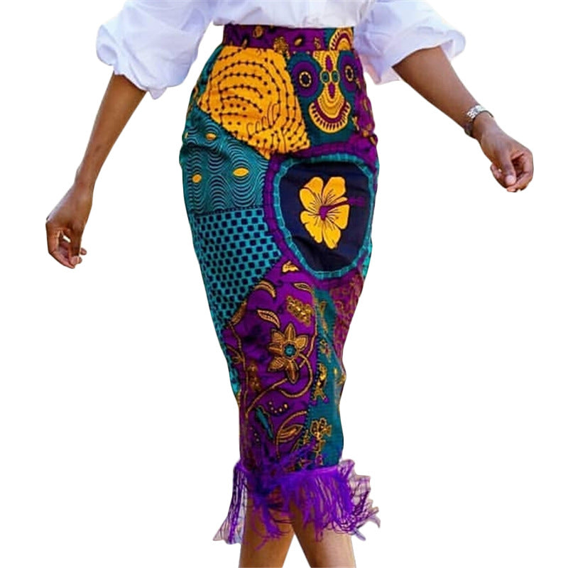 Damen eleganter Rock mit Fransen und außergewöhnlichem Print EB