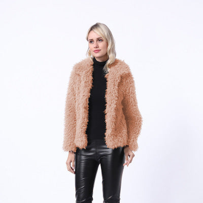 Damen Modischer Kunstpelzjacke mit elegantem Kragen und seitlichen Taschen EB