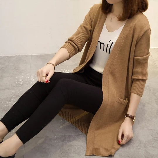 Damen Langer Strickcardigan mit lässiger Passform und tiefem V-Ausschnitt EB