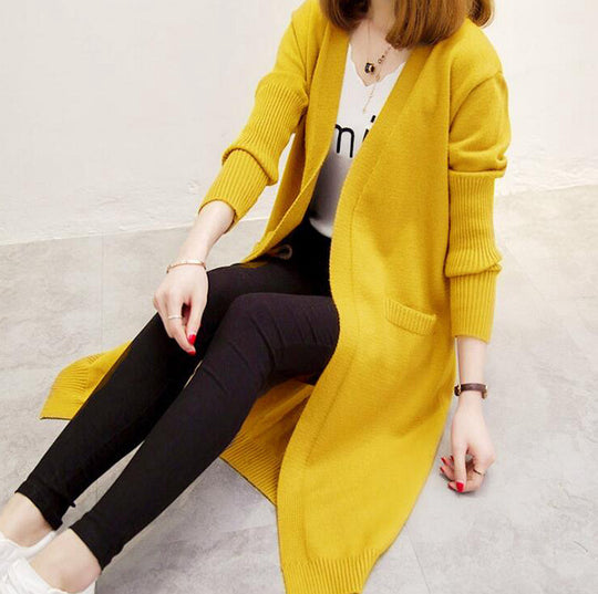 Damen Langer Strickcardigan mit lässiger Passform und tiefem V-Ausschnitt EB