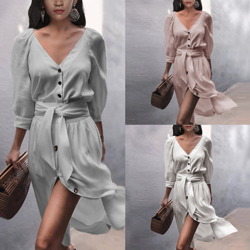 Damen modisches Knopfdress mit Gürtel EB