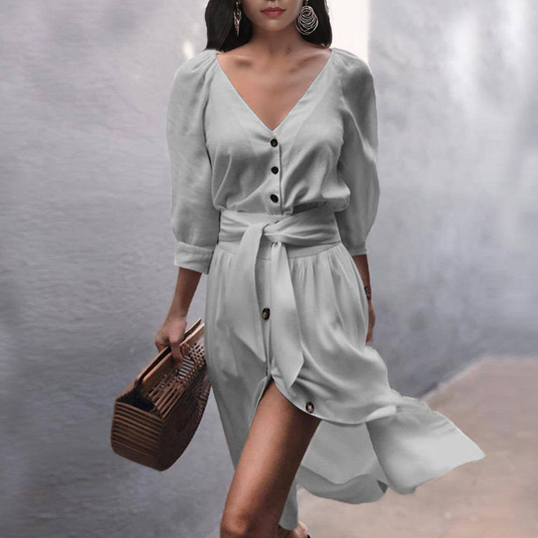 Damen modisches Knopfdress mit Gürtel EB