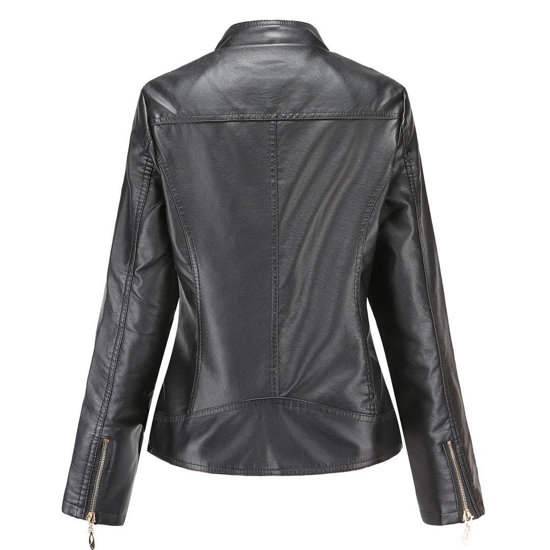 Damen nan taillierte Kunstleder Bikerjacke mit Stehkragen und gesteppter Schulterpartie EB