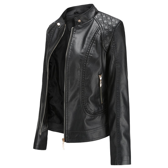 Damen nan taillierte Kunstleder Bikerjacke mit Stehkragen und gesteppter Schulterpartie EB