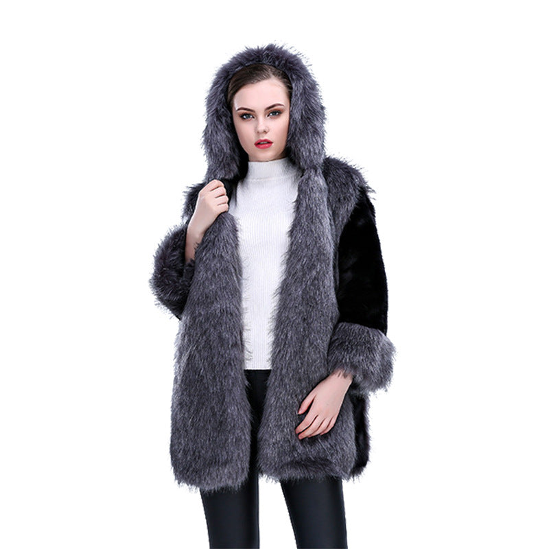 Damen Flauschiger Kunstpelz-Cape mit voluminösem Kragen und seitlichen Taschen EB