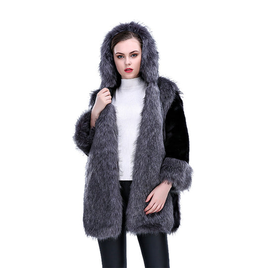 Damen Flauschiger Kunstpelz-Cape mit voluminösem Kragen und seitlichen Taschen EB