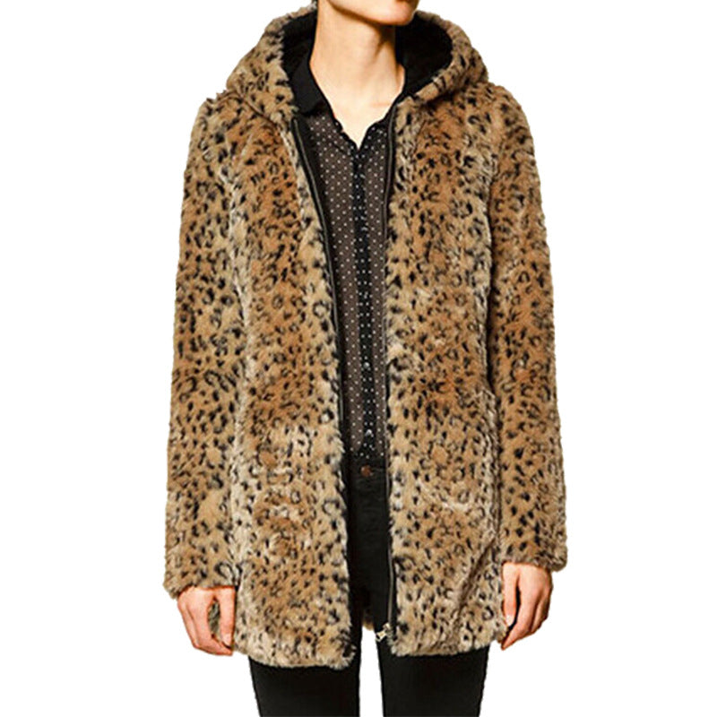 Damen Luxuriöse Kunstpelzjacke mit Leopardenmuster und praktischen Taschen EB