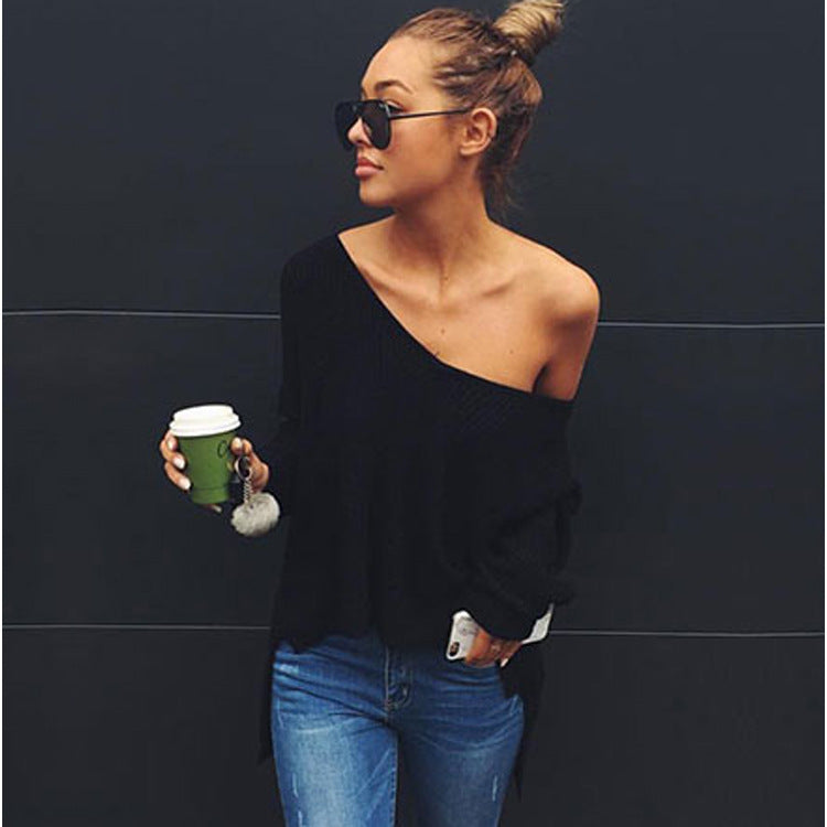 Damen lässiger Strickpullover mit asymmetrischem Ausschnitt und weitem Schnitt EB