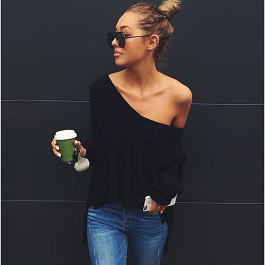 Damen lässiger Strickpullover mit asymmetrischem Ausschnitt und weitem Schnitt EB