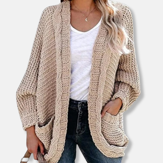 EB | Woll Übergroßer Cardigan Gerippter Offener Fronttaschen Cardigan
