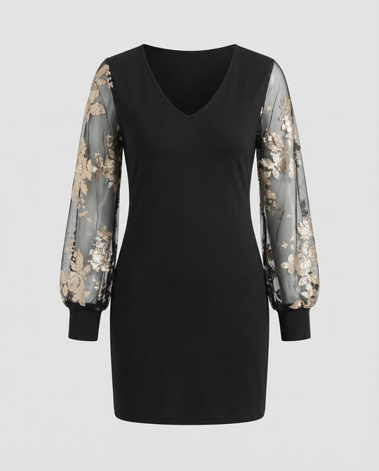 Schwarzes Blumen Mesh Midikleid | EB