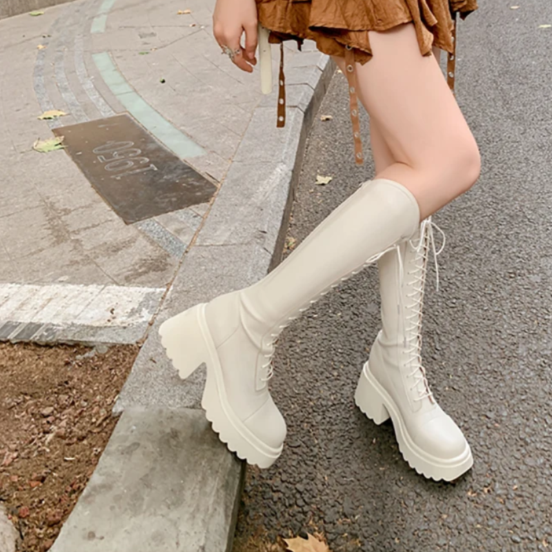 EB | Hohe Stiefel Damenstiefel mit Schnürung und Robuster Ferse