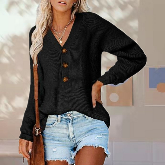 EB | Pullover - Damen Herbst Knopf V-Ausschnitt Strickpullover