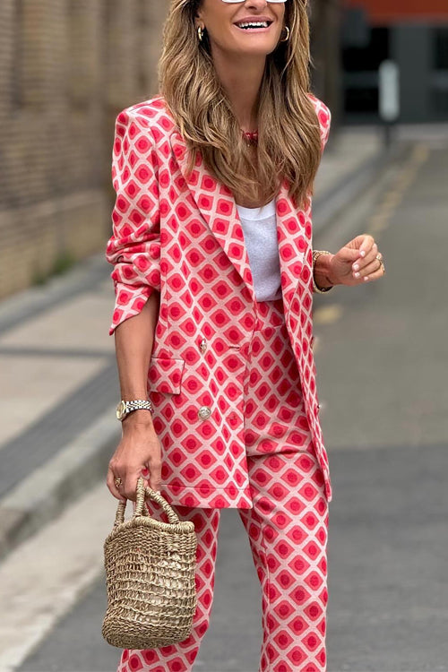 EB | Rosiedress Geometrischer Druck Revers Doppelt Knopf Blazer und Flare-Hosen Set