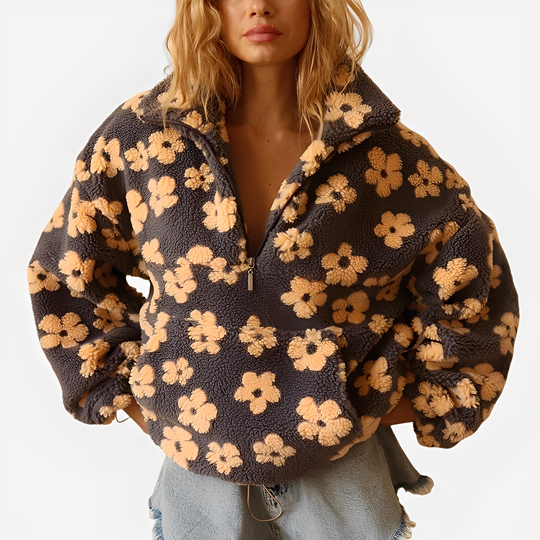 EB | Damen-Sherpa-Pullover mit stilvollem Blumenmuster