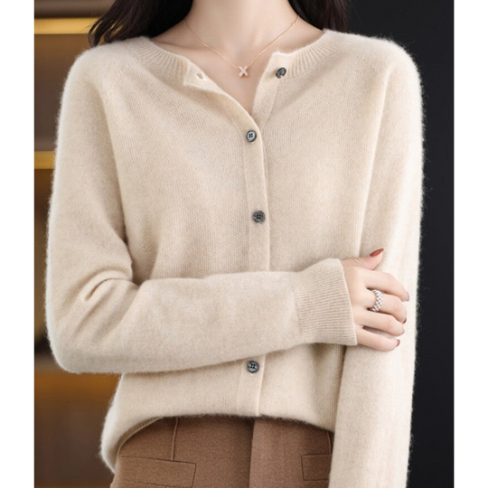 EB | Merinowolle Damen O-Ausschnitt gestrickte Strickjacke Pullover