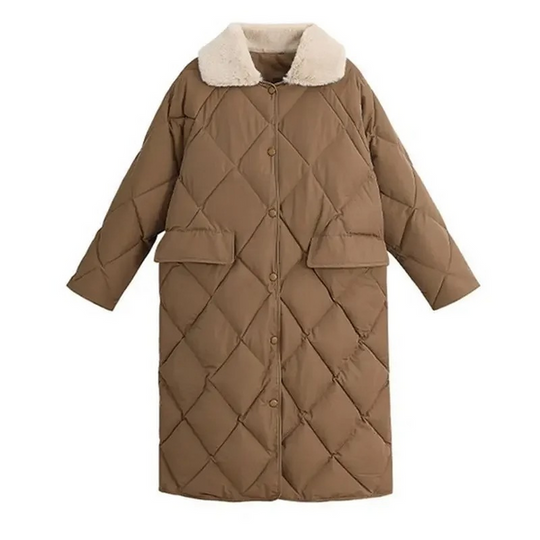EB | Stylische Übergroße Steppjacke mit Pelzkragen und Knöpfen Ideal für Herbst/Winter