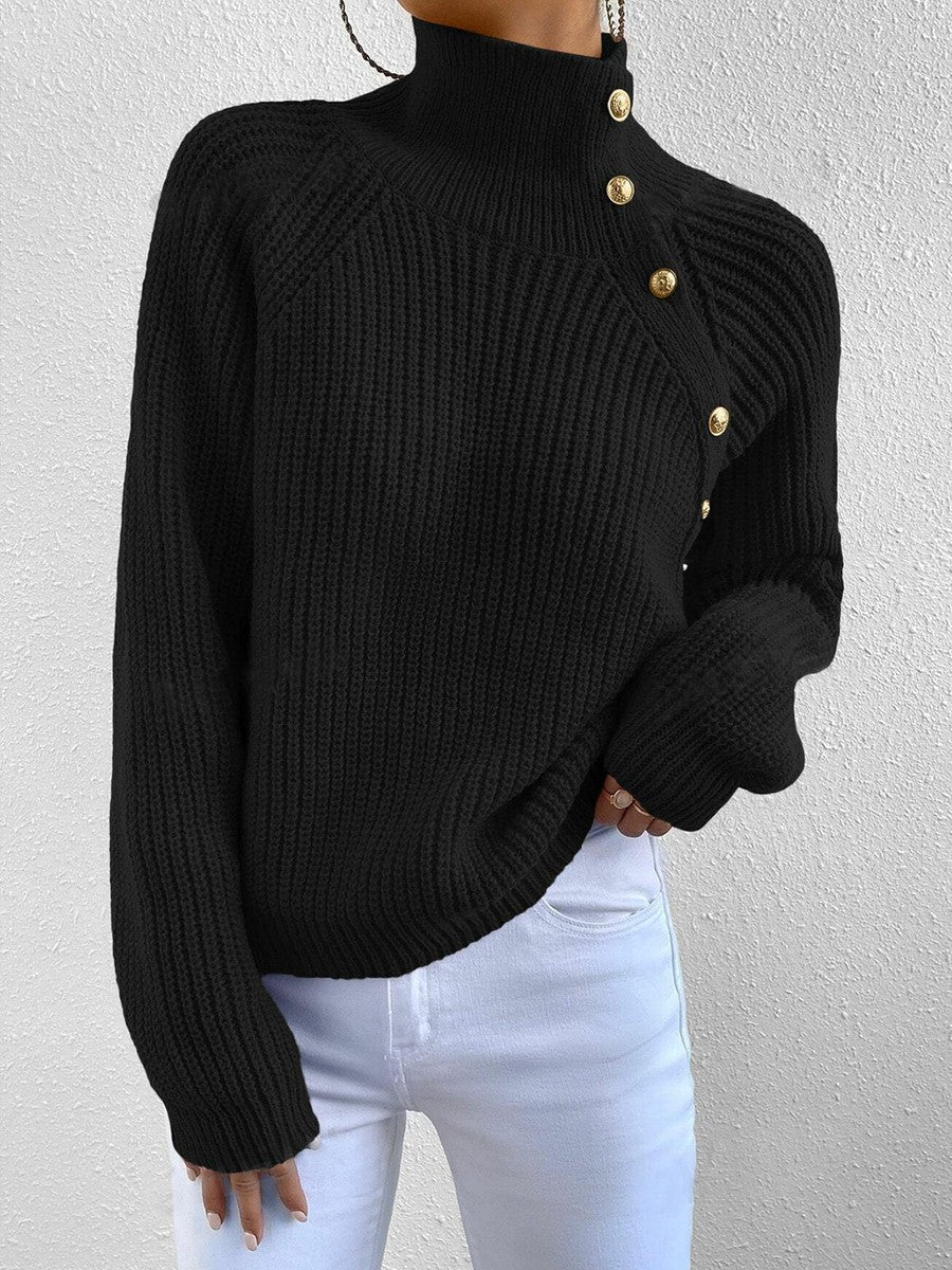 EB | Strickpullover mit Hohem Kragen und Knopfdetails Wollmischung Elegant und Warm