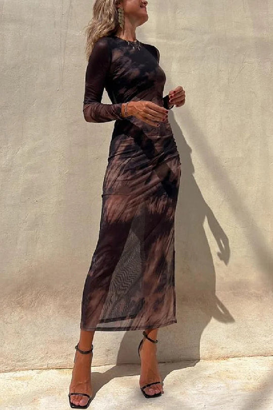 EB | Charm Lady Mesh Overlay Tie Dye Print Langarm Rüsch Stretch Midi Kleid