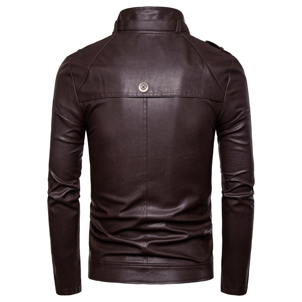 Herren modische Kunstlederjacke mit asymmetrischem Reißverschluss und Steppnähten EB