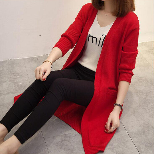 Damen Langer Strickcardigan mit lässiger Passform und tiefem V-Ausschnitt EB