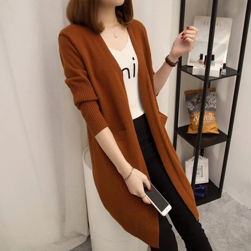 Damen Langer Strickcardigan mit lässiger Passform und tiefem V-Ausschnitt EB