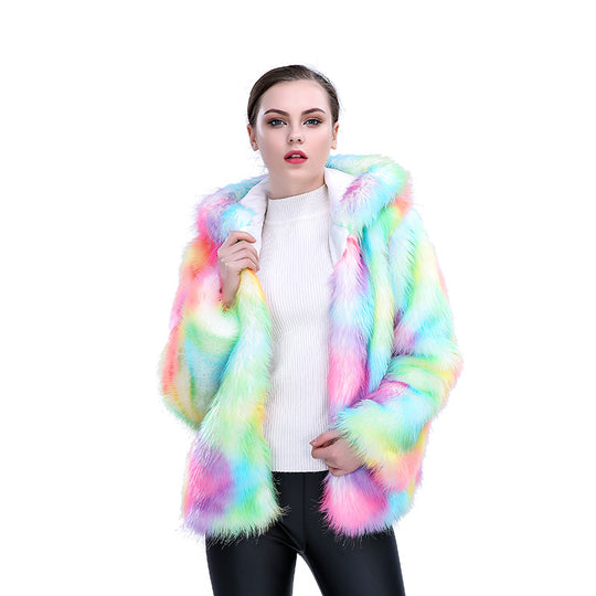 Damen Modische Kunstpelzjacke mit Kapuze und buntem Farbverlauf EB