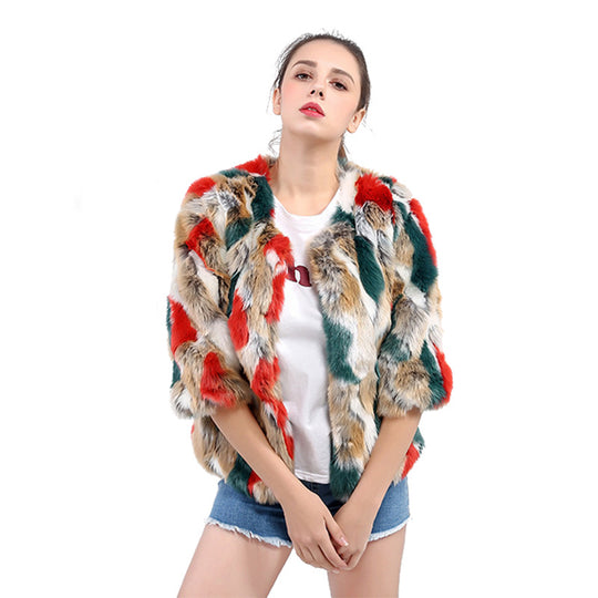 Damen Flauschige Kunstpelzjacke mit lebhaftem Muster und weit geschnittenen Ärmeln EB
