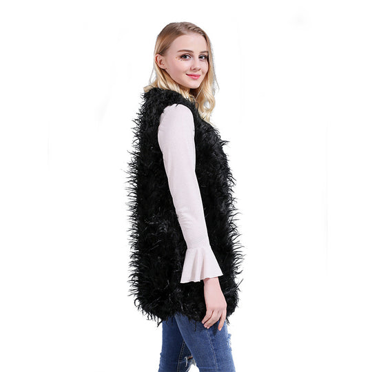 Damen Flauschige Kaftan-Weste aus Kunstpelz mit tiefem V-Ausschnitt und Seitentaschen EB