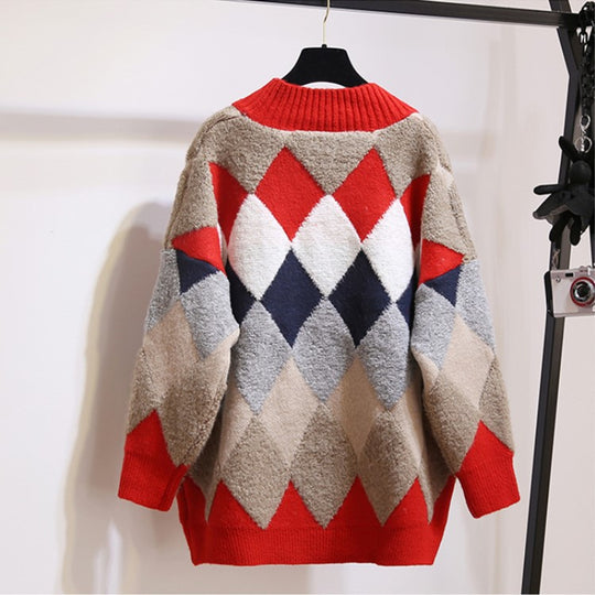 Damen Strickjacke mit modischem Rautenmuster und großzügigem Schnitt EB