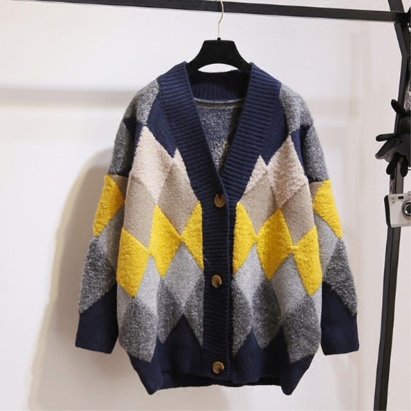 Damen Strickjacke mit modischem Rautenmuster und großzügigem Schnitt EB