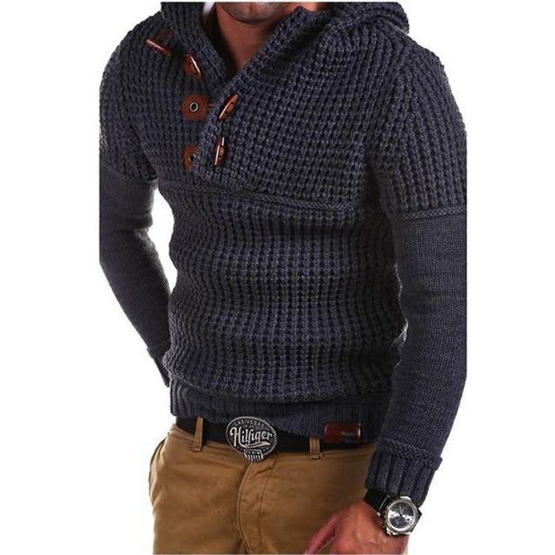 Herren Strickpullover mit Kapuze und modernen Holzknöpfen EB