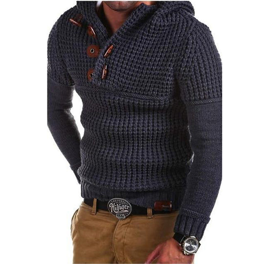 Herren Strickpullover mit Kapuze und modernen Holzknöpfen EB