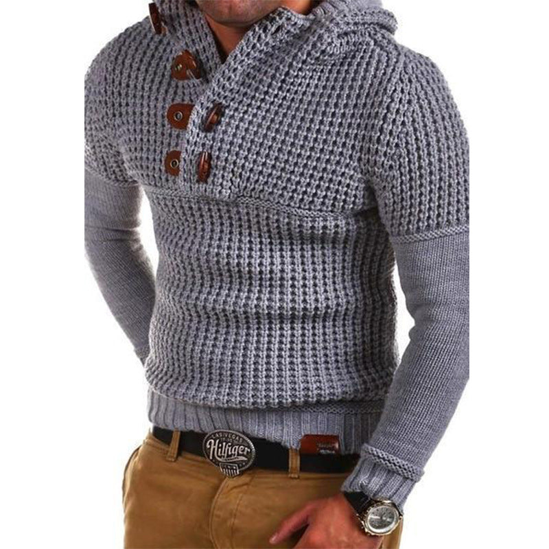 Herren Strickpullover mit Kapuze und modernen Holzknöpfen EB