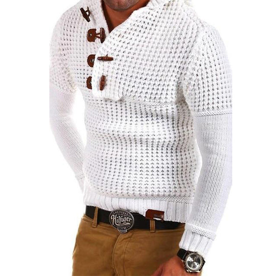 Herren Strickpullover mit Kapuze und modernen Holzknöpfen EB