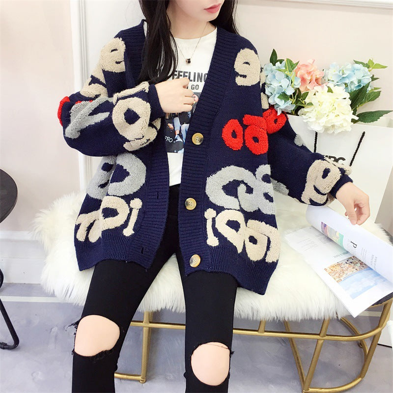 Damen Strickjacke mit buntem grafischen Design und gemütlichen Knöpfen EB