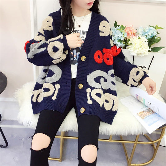 Damen Strickjacke mit buntem grafischen Design und gemütlichen Knöpfen EB