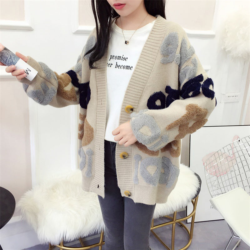 Damen Strickjacke mit buntem grafischen Design und gemütlichen Knöpfen EB