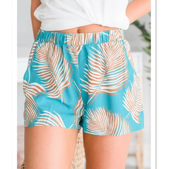 Damen Sommerliche Shorts mit tropischem Palmendruck und elastischem Bund EB