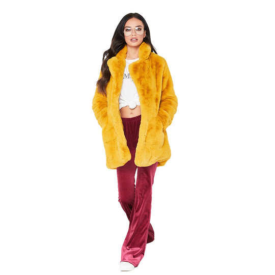 Damen Flauschige Langjacke aus Kunstpelz mit Kapuze EB