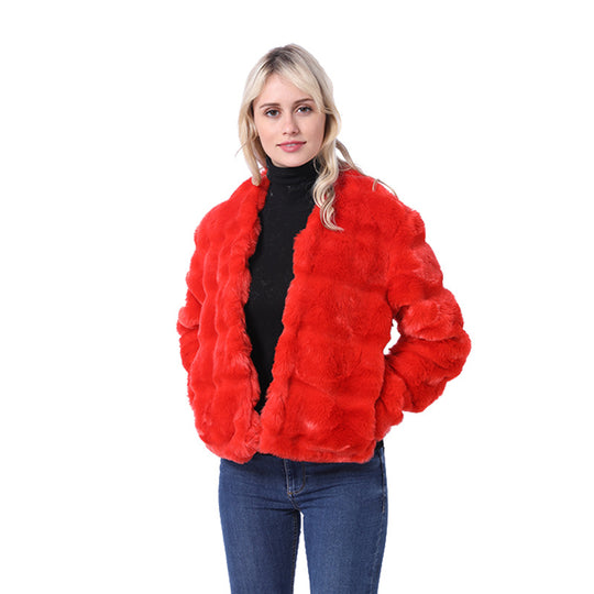 Damen Flauschige Kunstpelzjacke mit quer gestepptem Design EB