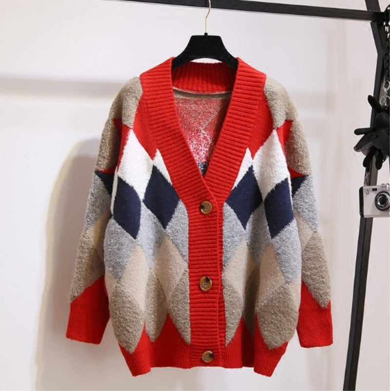 Damen Strickjacke mit modischem Rautenmuster und großzügigem Schnitt EB