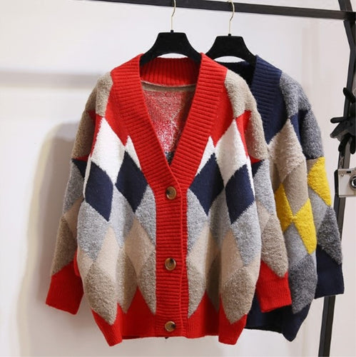 Damen Strickjacke mit modischem Rautenmuster und großzügigem Schnitt EB