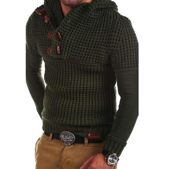 Herren Strickpullover mit Kapuze und modernen Holzknöpfen EB