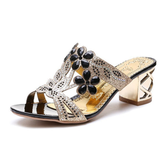 Damen elegante Riemchen-Sandaletten mit funkelnden Steinchen und kunstvollem Blumendesign EB