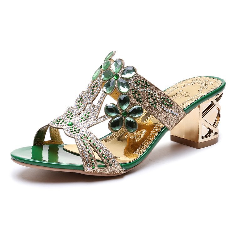 Damen elegante Riemchen-Sandaletten mit funkelnden Steinchen und kunstvollem Blumendesign EB