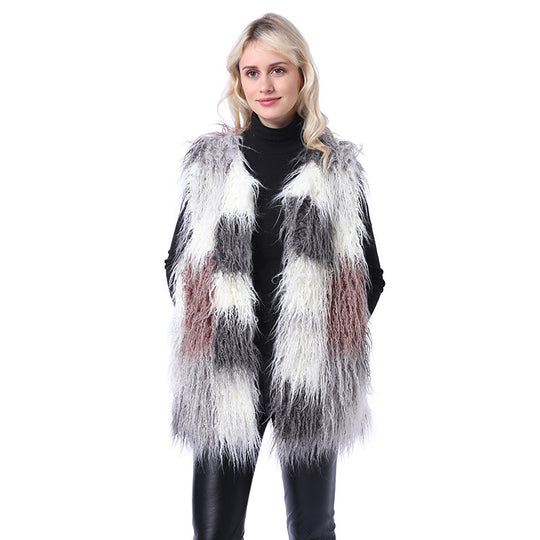 Damen Flauschige Kunstpelz-Weste im Patchwork-Design EB