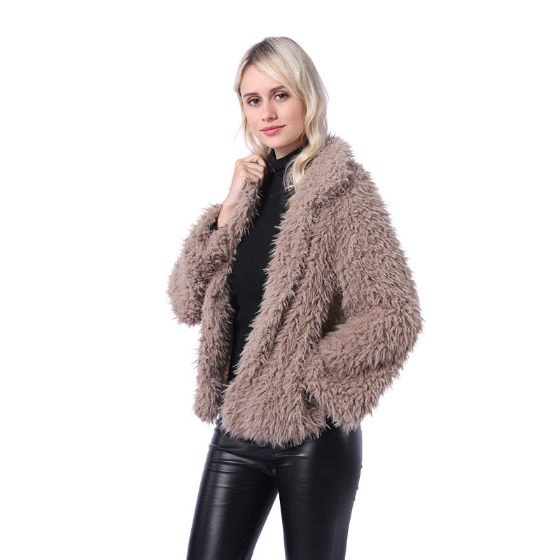Damen Modischer Kunstpelzjacke mit elegantem Kragen und seitlichen Taschen EB
