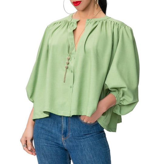 Damen Lockere Bluse mit Rüschenärmel und Knopfleiste EB