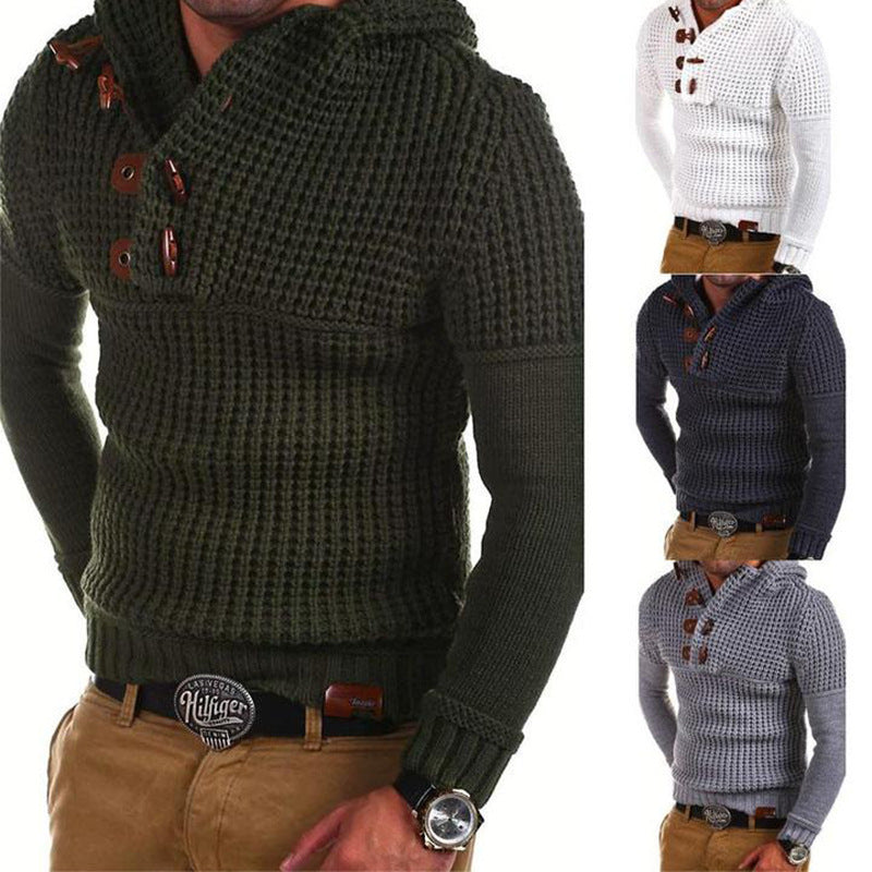 Herren Strickpullover mit Kapuze und modernen Holzknöpfen EB